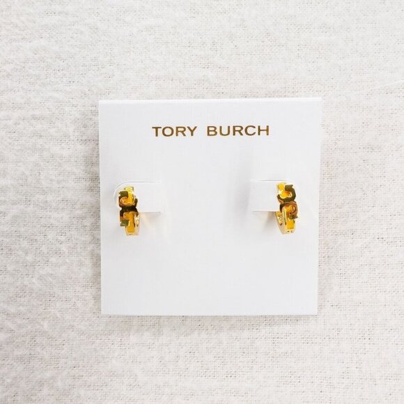 Tory Burch Serif-T Enamel Huggie Hoop Earrings Gold/Lemon OS - Picture 12 of 12